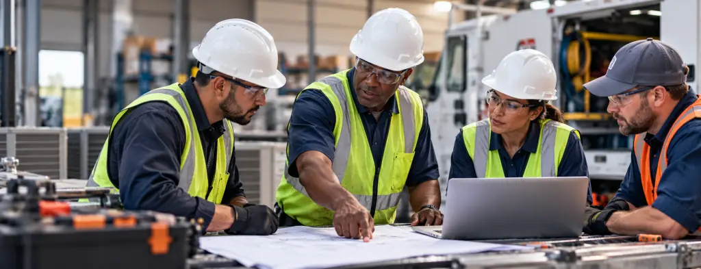 Field-service team reviewing plans together in an industrial workshop